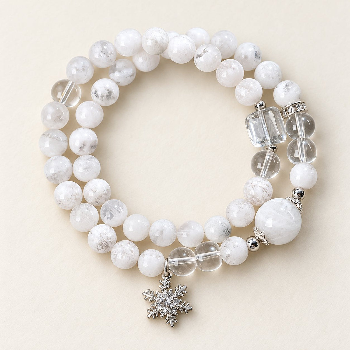 Winter Promise — White Phantom & Clear Quartz Bracelet, product detail on warm ivory