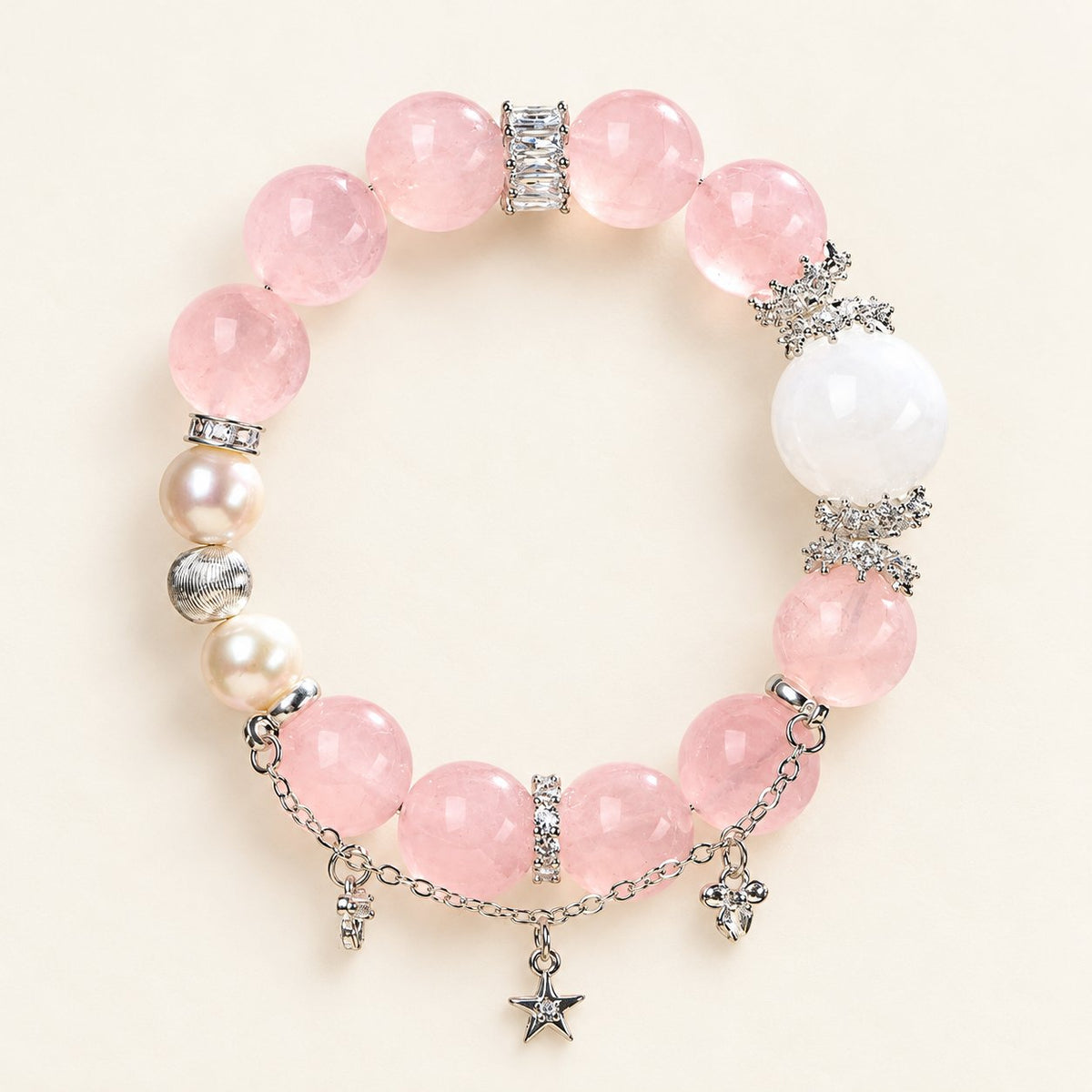 Peach Blossom — Rose Quartz & Pearl Bracelet, product detail on warm ivory