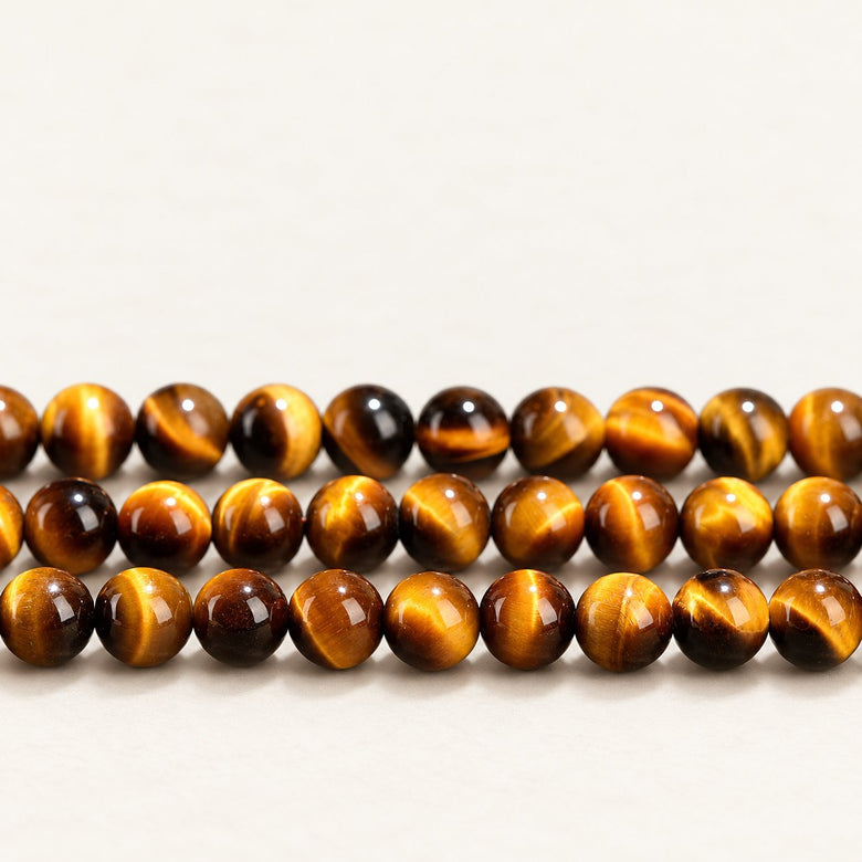 Golden Horizon — Tiger's Eye Round Beads on a warm ivory background