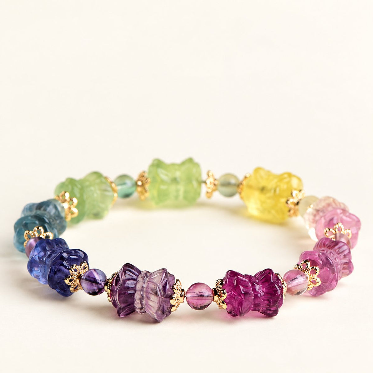 Lotus Garden — Carved Fluorite Bead Bracelet — Alora Gems product photograph