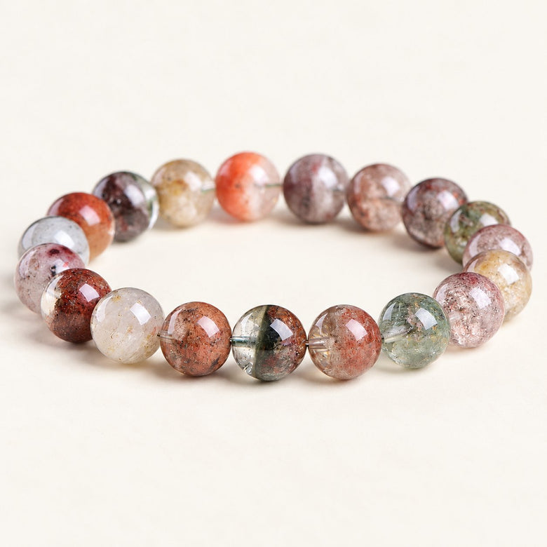 Garden Mist — Floral Phantom Quartz Bead Bracelet on a warm ivory background