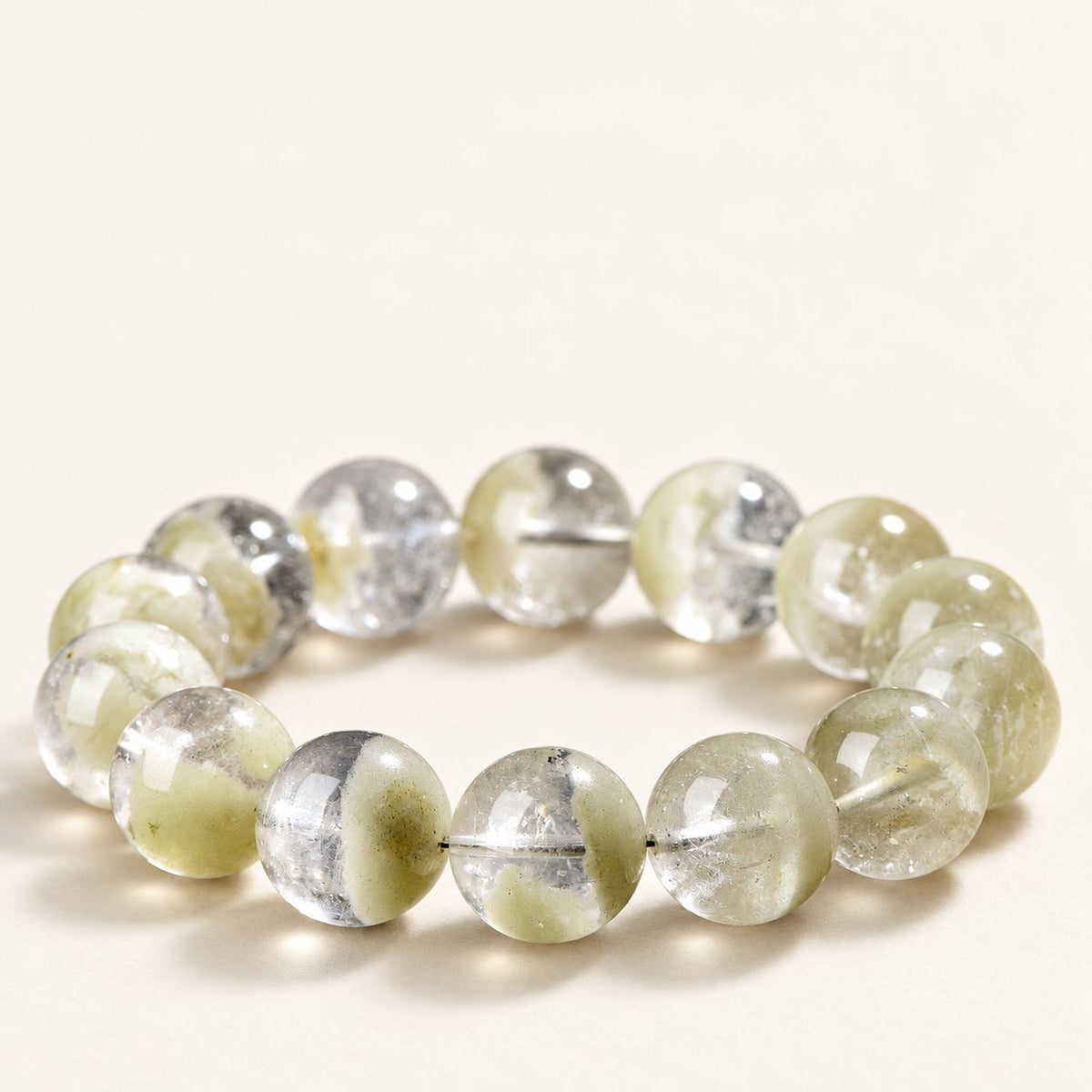Matcha Cloud — Green Phantom Quartz Bead Bracelet, product detail on warm ivory