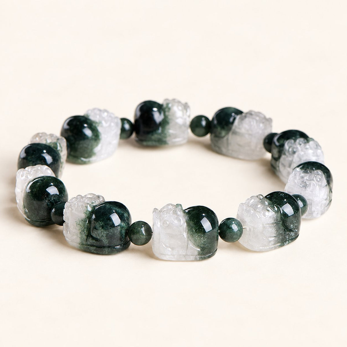 Forest Guardian — Green Phantom Quartz Pixiu Bracelet, product detail on warm ivory